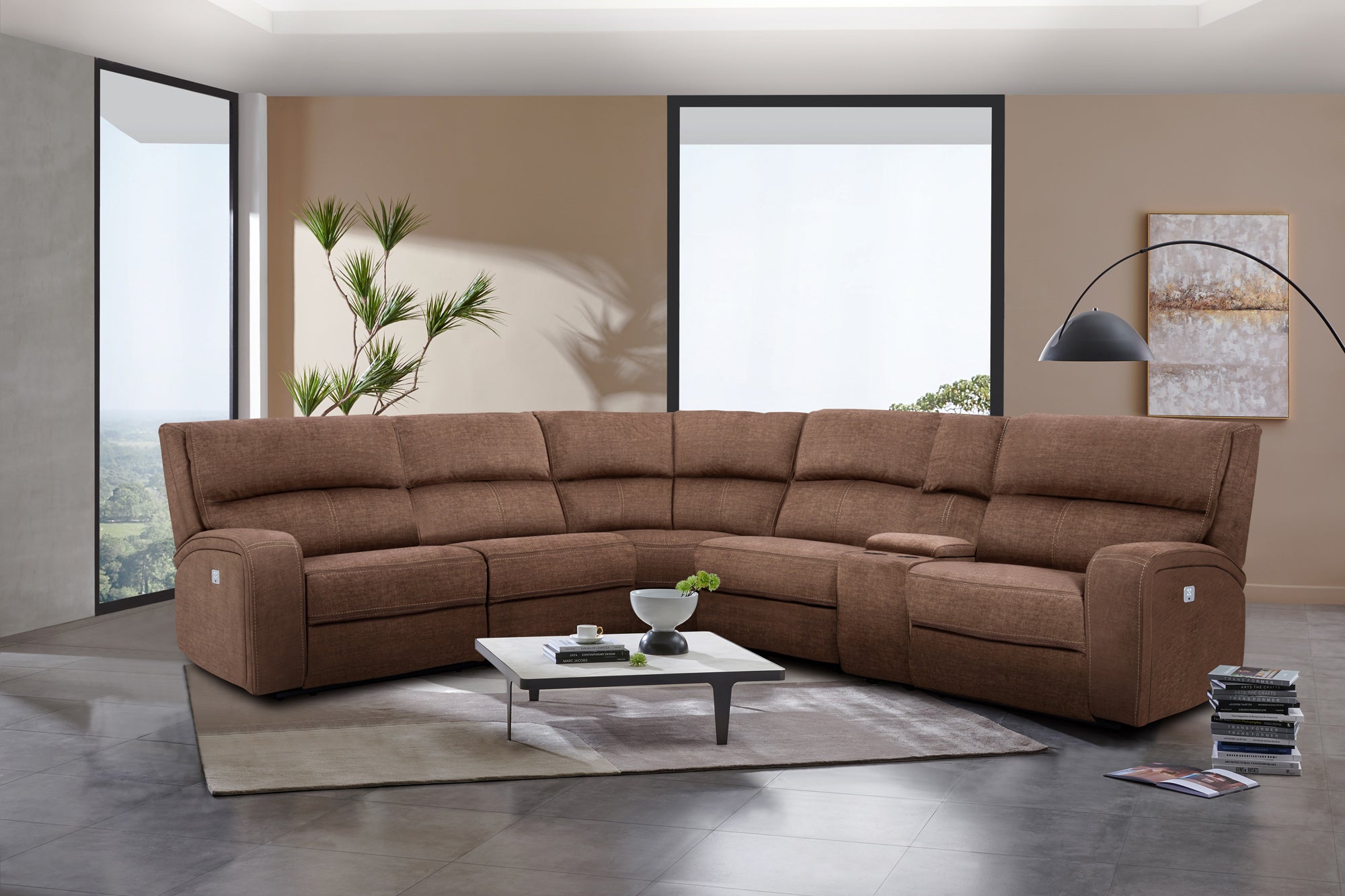 Power reclining sectional with store power headrest and chaise